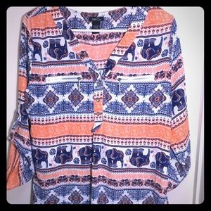 Colorful V-Neck Elephant Print Blouse